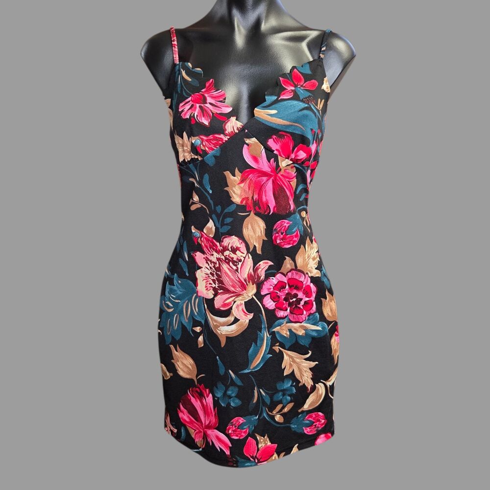 Dress Womens Medium Black Floral Bodycon Slip Mini Party Summer Casual Spring